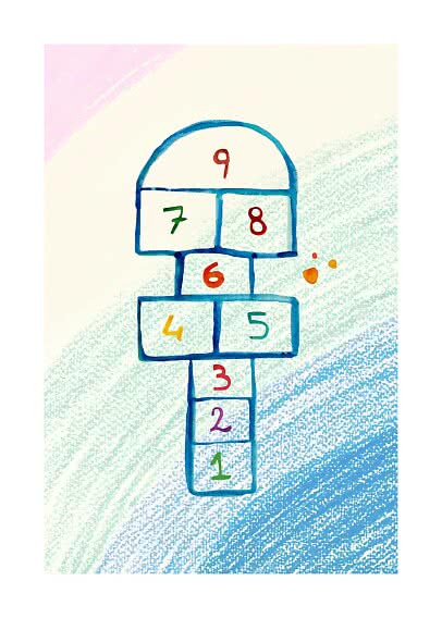 Colorful illustration of a hopscotch grid with numbers 1 to 9 on a pastel background