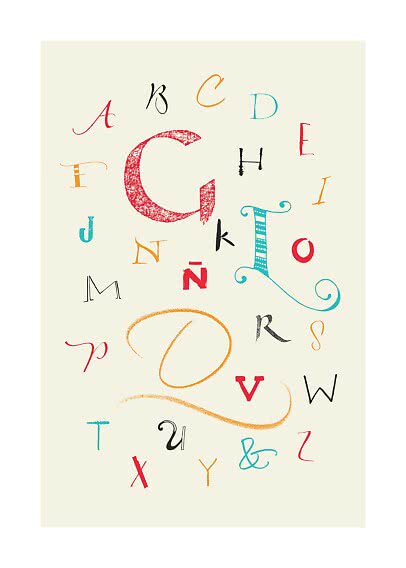 Póster de alfabeto colorido con letras decorativas sobre fondo crema claro
