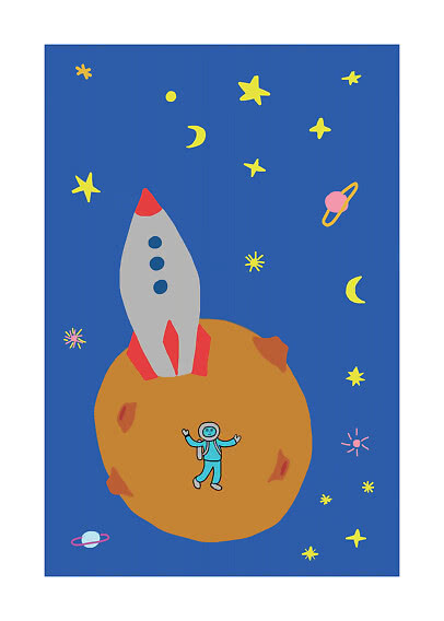 Farverig illustration af raket og astronaut på en orange planet i rummet med stjerner og måner