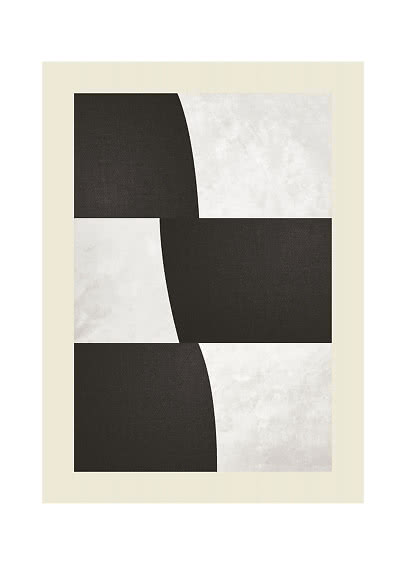 Motivo geometrico astratto bianco e nero con forme curve e bordo beige chiaro