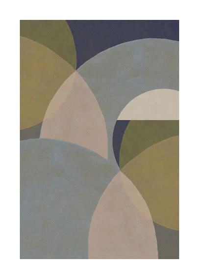 Stampa astratta con archi e cerchi sovrapposti in blu, verde, beige e blu navy scuro