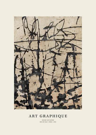 Abstrakt grafisk konstposter med svarta bläcklinjer på beige bakgrund och fransk text längst ned