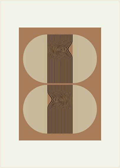 Abstraktes geometrisches Poster in Beige und Braun mit zwei Kreisen und welligen schwarzen Linien mittig