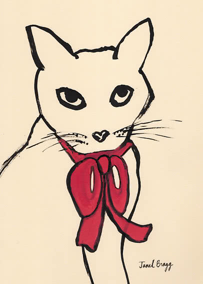 Illustration af hvid kat med stor rød sløjfe på cremefarvet baggrund