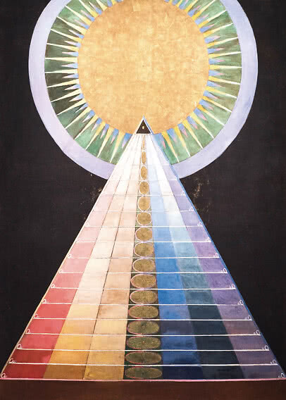 Opera astratta con cerchio dorato e triangolo arcobaleno su sfondo nero