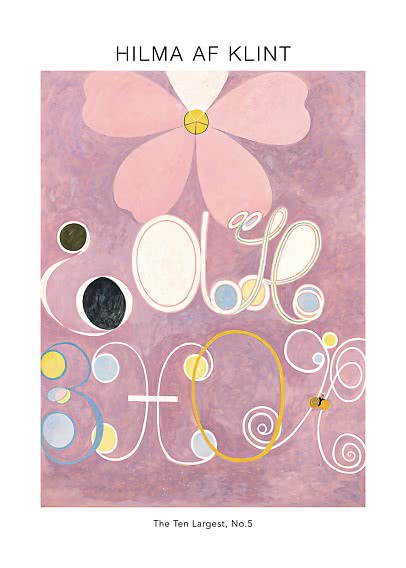 Plakat med Hilma af Klint-værket The Ten Largest, No.5 i lilla og rosa med abstrakte blomsterformer