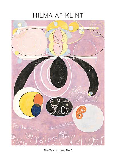 Affiche de l’œuvre abstraite The Ten Largest, No. 6 de Hilma af Klint en rose, jaune, noir et bleu.