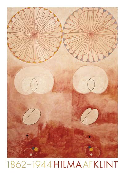 Poster mit abstraktem Hilma-af-Klint-Motiv in warmen Rot- und Beigetönen mit Kreisformen