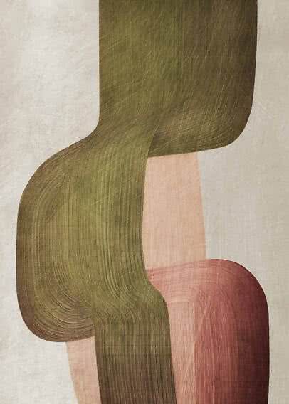 Abstract wall art with curved shapes in olive green, pink and beige on a light background