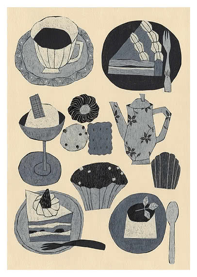 Illustration de café, pâtisseries et desserts avec tasse, cafetière, glace et parts de gâteau.