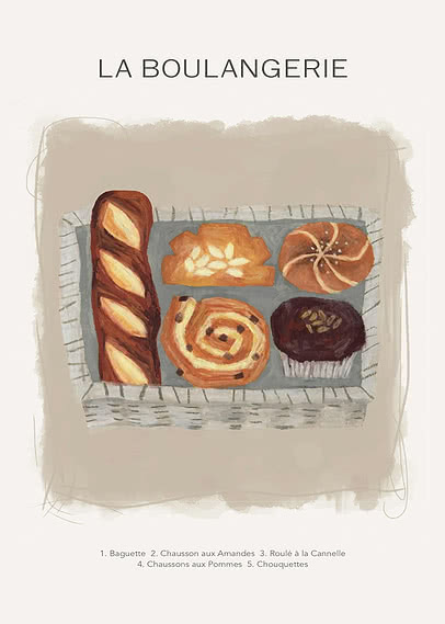 Illustration eines Korbs mit Baguette und fünf französischen Backwaren, Text La Boulangerie