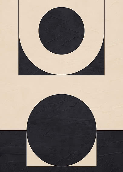 Abstracte poster met zwarte cirkels en gebogen vormen op beige achtergrond