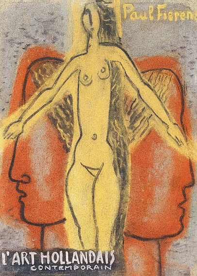 Poster with abstract female nude before two red profile faces, signed Paul Fierens.