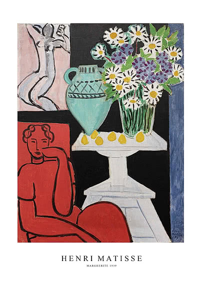Plakat med Matisse-maleri af rød figur i stol ved bord med vase og blomster