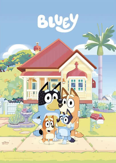 Bluey poster with Bluey and family standing in front of their yellow house