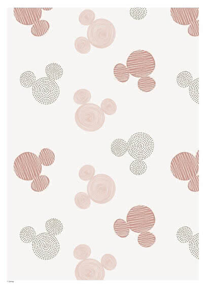 Weiße Tapete mit Mickey-Mouse-Muster in Rosa und Grau, mit Streifen, Punkten und Kreisen