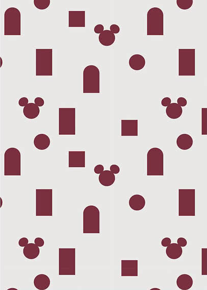 Weißes Muster mit dunkelroten Mickey-Köpfen, Kreisen, Quadraten und Bogenformen