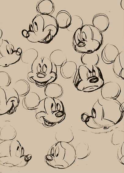 Muster mit Mickey-Mouse-Gesichtsskizzen in schwarzen Linien auf beigem Hintergrund