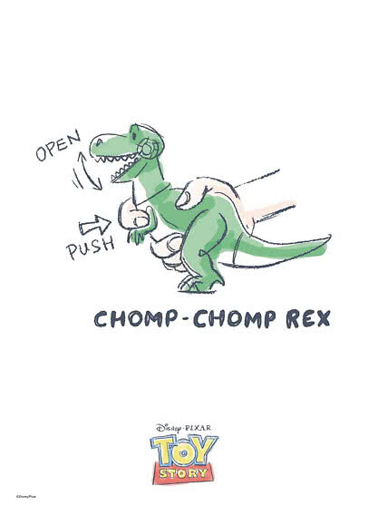 Disney Pixar Toy Story-Print mit grünem Rex-Dinosaurier und dem Schriftzug „Chomp-Chomp Rex“.