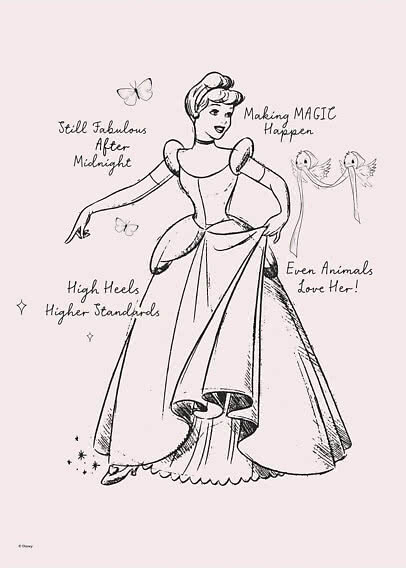 Disney-Prinzessin im rosa Kleid mit handschriftlichen Sprüchen, Schmetterlingen und kleinen Vögeln
