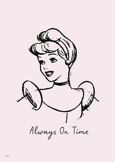 Schwarze Linienzeichnung von Cinderella mit dem Text „Always On Time“ auf hellrosa Hintergrund
