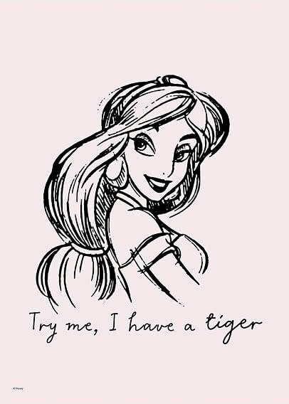 Schwarz-weiße Zeichnung einer Disney-Prinzessin mit Text „Try me, I have a tiger“