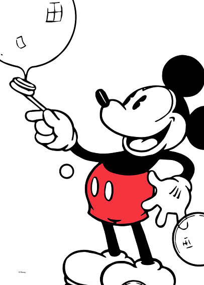 Klassische Micky Maus hält einen Ballon vor weißem Hintergrund