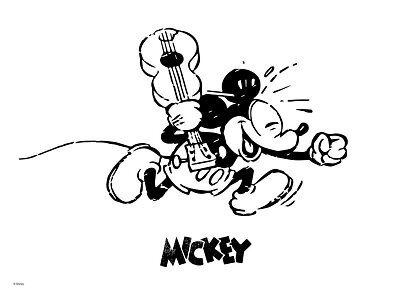 Schwarz-weiße Illustration von Micky Maus, die mit einer Gitarre über der Schulter rennt.