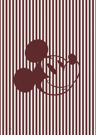 Abstraktes Disney-Motiv mit dunkelroter Mickey-Mouse-Silhouette auf weißem Hintergrund mit Streifen