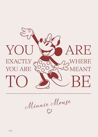 Minnie-Maus-Poster mit dem Spruch "You are exactly where you are meant to be" auf blassrosa Hintergrund