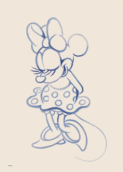 Blaue Strichzeichnung von Minnie Maus im gepunkteten Kleid mit Schleife auf hellem Grund