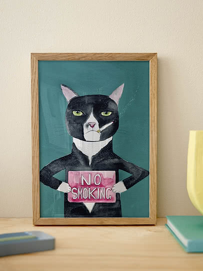 black cat smoking cigarette painting a Print Vintage Oil Funny Animal Art Whimsical Wall Art Poster for Bar Cart Quirky Kitchen Wall Decor Black Cat Framed Poster, Cat