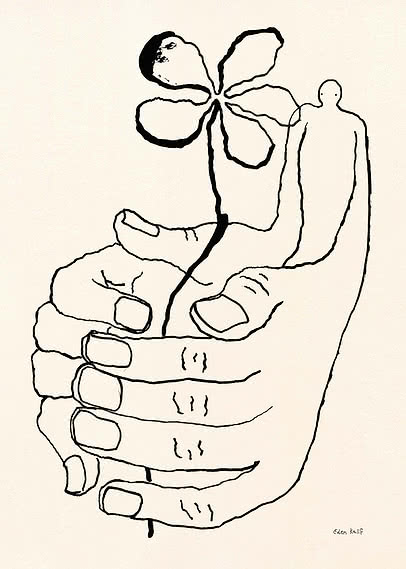 Abstrakte Strichzeichnung von Hand, Blume und menschlicher Figur auf hellem Hintergrund