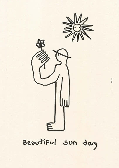 Minimalistisk stregtegning af person med blomst under sol og teksten "Beautiful sun day"