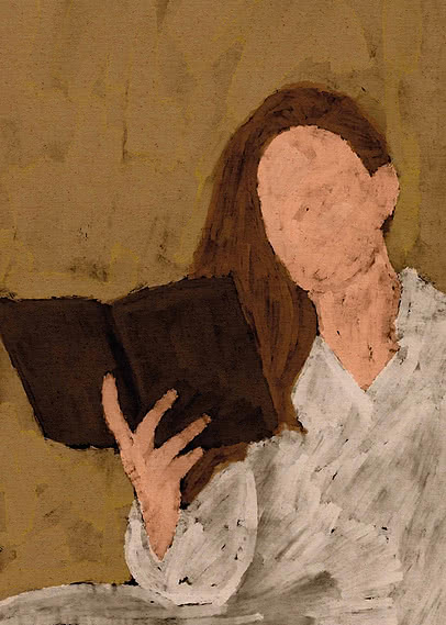 Malerisk illustration af kvinde med brunt hår i hvid skjorte, der holder en mørk bog