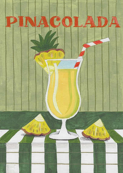 Poster dipinto con piña colada, fette di ananas e cannuccia a righe rosse su sfondo verde