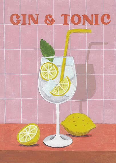 Målad poster med gin och tonic i glas, citron, isbitar och rosa kaklad bakgrund