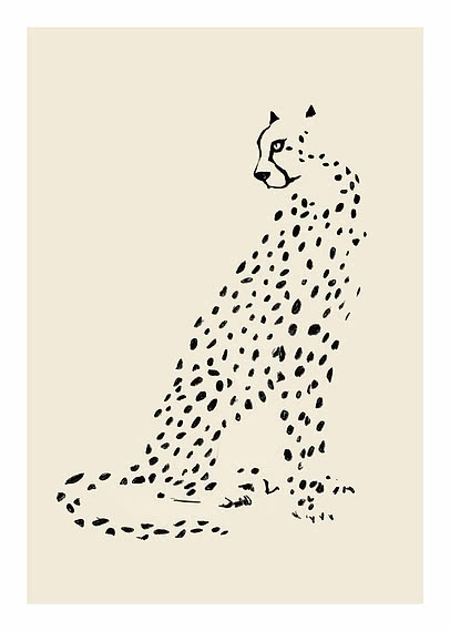 Plakat med en plettet stor kat siddende i profil, tegnet i sort på en blød beige baggrund