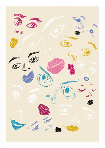 Abstrakter Kunstdruck mit skizzierten Gesichtern, Augen und Lippen in kräftigen Farben auf Creme