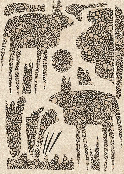 Deer, hills and low scrub cut from one black shape and filled with crowded cream pebbles on a sand ground