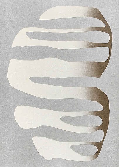 Broad cream fingers stacked down a pale grey ground, darkening to soft bronze along their right edges
