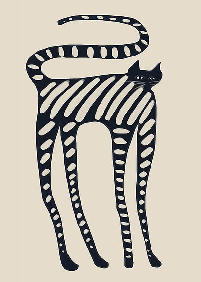 A near-black cat built from cream dashes, with four long legs and a tail looping right over its back, against a bare cream ground