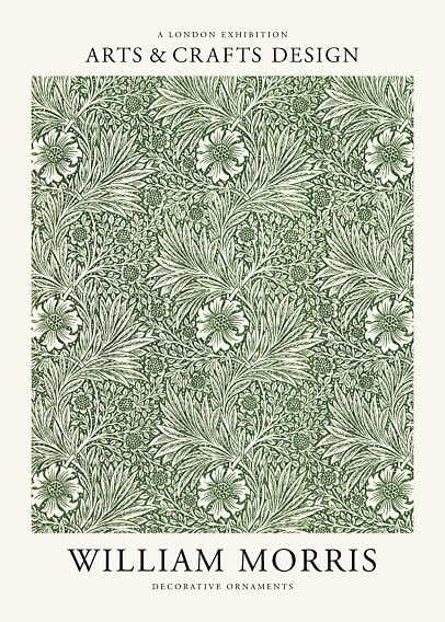 Plakat med grønligt William Morris-blomstermønster og teksten Arts & Crafts Design.