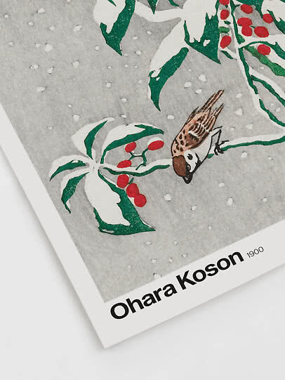 Comme un oiseau 1996 カタログ Nature poster – Sparrows on Snowy Berry Busch by Ohara Koson