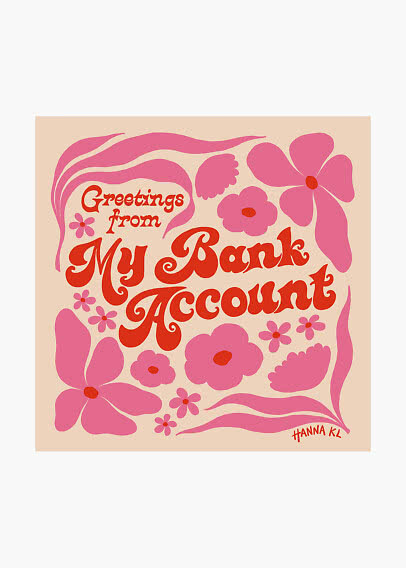 Retro plakat kwiatowy z napisem "Greetings from My Bank Account" na beżowym tle