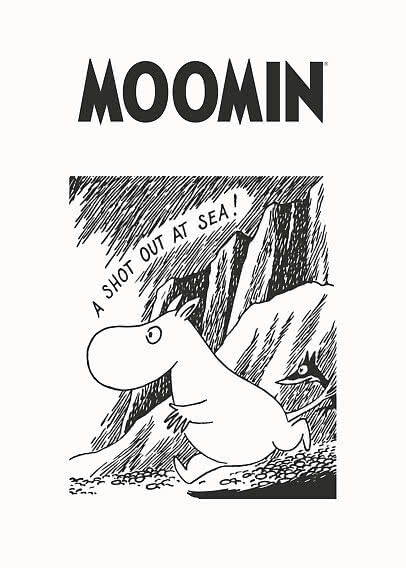 Sort-hvidt Mumi-motiv med Mumitrold ved klipper og teksten "A shot out at sea!"