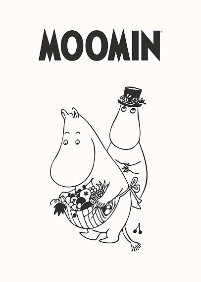 Logo Moomin sopra un disegno lineare di due Mumin, uno con cesto di frutta e uno con cappello floreale