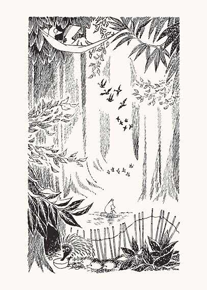 Illustrazione in bianco e nero di una foresta con uccelli, riccio e figura su un’amaca.
