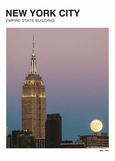 Poster med Empire State Building i New York City i skymning med fullmåne