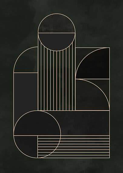Abstraktes geometrisches Poster mit Bögen, Kreisen und beigen Linien auf dunkel schwarzgrünem Grund